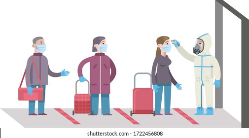 Checking body temperature before entering a public place to fight coronavirus. Flat infographics. Vector illustration in vector style.