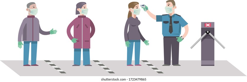 Checking body temperature before entering a public place to fight coronavirus. Flat infographics. Vector illustration in vector style.