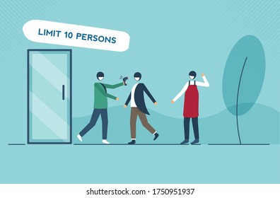 Checking body temperature before entering store and limit people because Coronavirus or COVID-19, People wearing face mask wait and line up keep distance away. Vector illustration design.