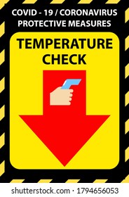 Checking body temperature before entering a public place sign. Coronavirus Covid 19 test before entry. Vector image A4 size.