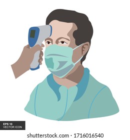 Comprobación de la temperatura corporal en humanos. Control de enfermedades y pandemias con un fondo blanco. Ilustración vectorial.