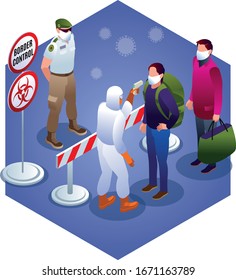 Checking The Body Temperature Of People When Crossing The State Border Illustration Isometric Icons On Isolated Background