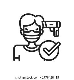 Comprobación de la temperatura del cuerpo, de los iconos del contorno de análisis de temperatura. Ilustración vectorial. Trazo editable. Icono aislado adecuado para web, infografías, interfaz y aplicaciones.