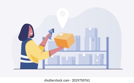 Checking boxes. Check inventories before shipping.  Female warehouse worker  scanning barcode on boxes. Warehouse Management. vector illustration