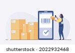 Checking boxes. Warehouse Worker Scanning Barcodes On Boxes. Inventory inspection, product quantity, product classification. vector illustration