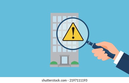 Checking building image,alert mark in magnifying glass,vector illustration