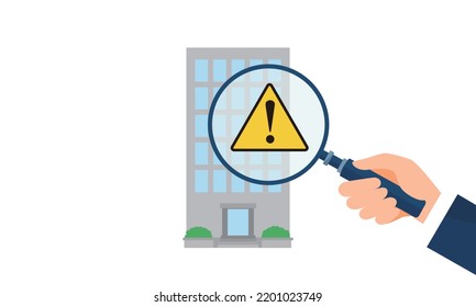 Checking building image,alert mark in magnifying glass,vector illustration