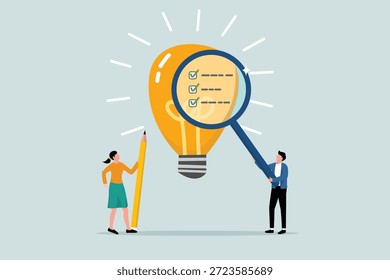Prüfung der Wirtschaftlichkeit, Machbarkeitsstudien durch Marktforschung, Bewertung der Rentabilität einer Geschäftsidee, Unternehmer analysieren brillante Ideen mit einer Lupe.