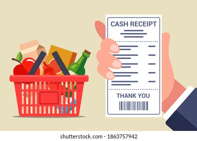 checking a check from a grocery store. full basket with fresh food. flat vector illustration.