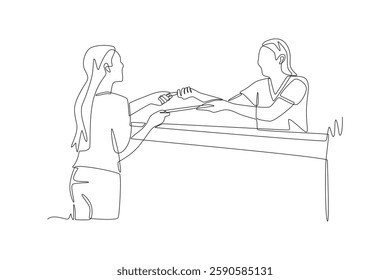 Checking in with clinic reception concept one-line drawing