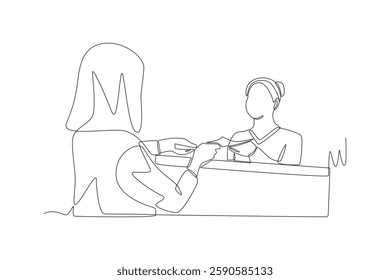 Checking in with clinic reception concept one-line drawing