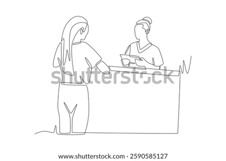 Checking in with clinic reception concept one-line drawing
