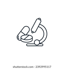 Checking for compliance with the quality of medical pharmaceutical products. Treatment effectiveness.  Vector linear illustration icon isolated on white background.