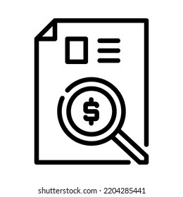 Checking credit bureau outline icon. Magnifying glass checking on credit bureau document. For business and payments presentation. Vector Illustration.