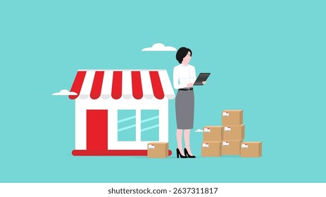 checking delivery order concept, send order packages concept, business woman check package addresses before sending them to consumers concept vector illustration