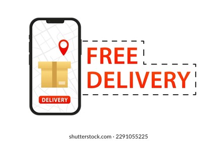 Checking delivery service app on mobile phone. Free delivery. Online delivery service order application on mobile phone. Food service. Order and fast delivery. Vector illustration