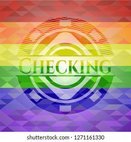 Checking emblem on mosaic background with the colors of the LGBT flag