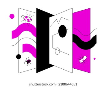 Checking files for viruses - colorful flat design style illustration with linear elements. A purple colored composition with folders and computer data with hidden bugs. Antivirus, malware, trojan