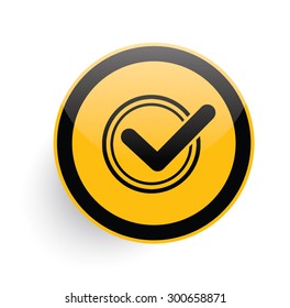 Checking icon on yellow button background, clean vector