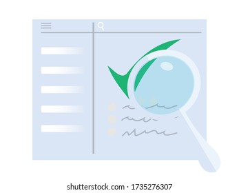 Comprobando información en Internet. Ampliador, marca de verificación verde. Información verificada, verdadera, veraz. Ilustración vectorial plana