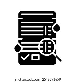 Checking Ingredients Label Black Glyph Icon for Food Packaging, Nutrition Facts, and Product Labels, Health and Dietary Information on Labels