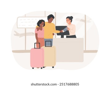 Comprobando Ilustraciones vectoriales de dibujos animados aislados. Pareja sonriente se registra en el aeropuerto, esperando el vuelo, preparándose para las vacaciones, dibujos animados de Vector de preparación de viaje.