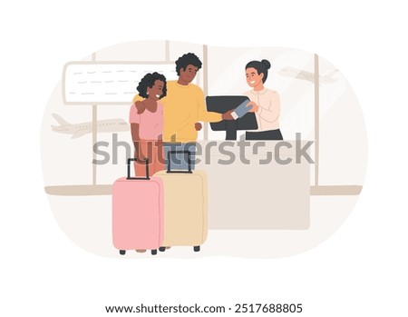 Checking in isolated cartoon vector illustrations. Smiling couple is checking in at the airport, waiting for flight, getting ready for vacation, travelling preparation vector cartoon.