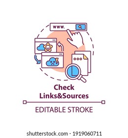 Checking links and sources concept icon. Fake news checking idea thin line illustration. Low-credibility sources. Independent fact-checking. Vector isolated outline RGB color drawing. Editable stroke
