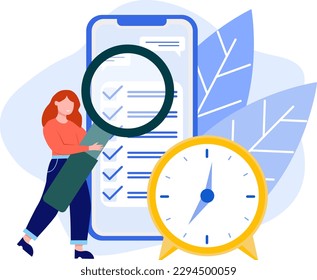 Checking list. Control over execution of all items of task. Girl makes sure that work is done completely and on time. Successful implementation, bookmarking clipboard. Color illustration in flat style