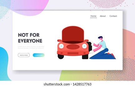 Checking and Maintenance Auto Website Landing Page, Mechanic or Driver near Broken Car with Open Hood Changing Spare Whee, City Car Repair Service Web Page. Cartoon Flat Vector Illustration, Banner