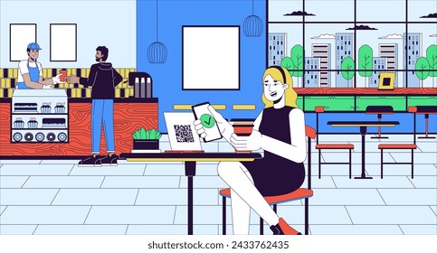 Checking menu with qr code scan cartoon flat illustration. Diverse clients coffee shop 2D line characters colorful background. Caucasian woman choosing baked goods scene vector storytelling image