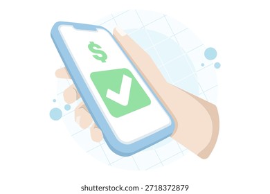 Comprobación de dinero en línea en el teléfono móvil sostenido por la mano humana sobre fondo aislado. Ilustración de marketing digital para banca en línea, App financiero, pago y concepto de fintech.