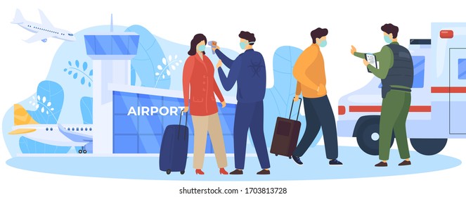 Checking passengers at border, covid-19 vector illustration. Service workers check arrivals for fever near airport. Man and woman with suitcases arrive from abroad, quarantine and isolation.