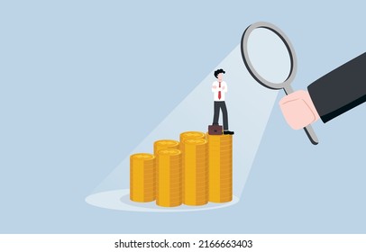 Checking personal income for taxation, verifying source of revenue, auditing concept. Government officer hand using magnifying glass to look at businessman standing on money stacks.