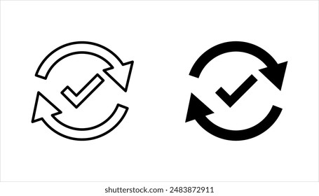 Comprobación del conjunto de iconos lineales del proceso. Comprobado correctamente. Marca de verificación con flechas de círculo. Ilustración vectorial sobre fondo blanco