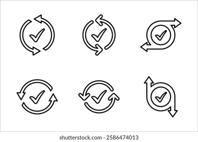 Checking process linear icon set. Successfully checked. Check mark with circle arrows. vector illustration on white background