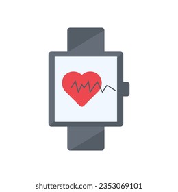 Checking pulse by smartwatch on white background. Mobile Health Diagnostics. Digital Telehealth and healthcare. Vector flat illustration.