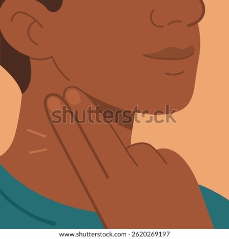 Checking the pulse in the neck. The old way of checking the pulse. A person puts his fingers to his neck to measure his pulse. Vector medical illustration.