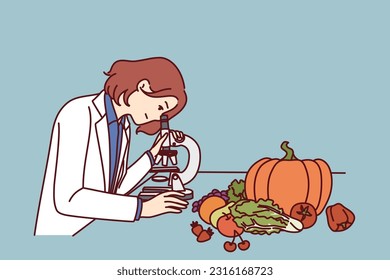 Checking quality of food in laboratory by woman using microscope to look for nitrates and pesticides. Girl scientist controls quality of products of grocery store and works in field of food technology