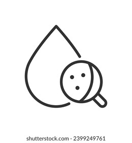 Checking the quality of the water, linear icon. Drop and magnifying glass. Inspection, diagnosis of cleanliness. Line with editable stroke