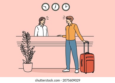 Checking in and reception concept. Young man client guest standing and communicating with young woman receptionist during check in in hotel vector illustration 