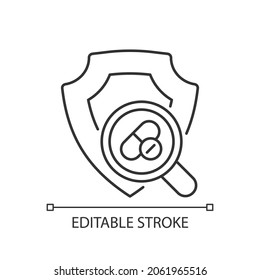 Checking safety of new drugs linear icon. Dose response assessment. Acute toxicity tests. Thin line customizable illustration. Contour symbol. Vector isolated outline drawing. Editable stroke