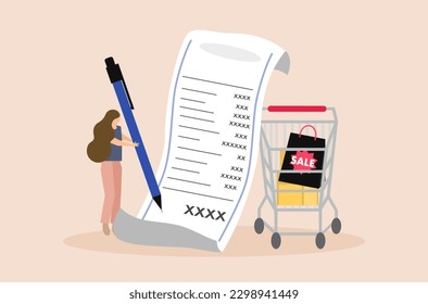 Una mujer revisando la ley de compras, diseño plano de una mujer con un largo vector de lista de compras, diseño plano del vector de control presupuestario, una mujer adicta a las compras, compras del Viernes Negro, estilo de vida de la mujer.