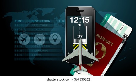 Checking smart phone screen at flight information board timetable with passport and airline ticket. Travel concept. Vector, illustrator.