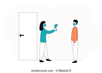 Checking temperature with a non-contact thermometer. Coronavirus pandemic. Vector flat illustration.