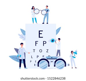 Checking and testing of vision by ophthalmologists and doctors of the clinic. Eyes and glasses, medical ophthalmology concept, isolated flat vector illustration.