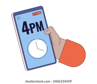 Checking time on smartphone linear cartoon character hand illustration. Alarm clock on mobile phone outline 2D vector image, white background. Cellphone using phone gadget editable flat color clipart