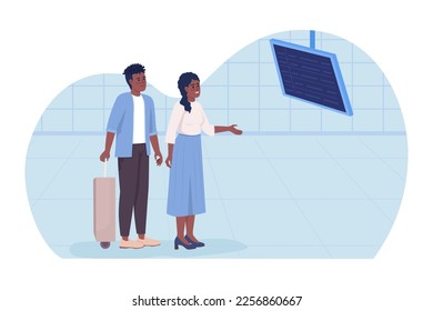 Checking timetable at airport 2D vector isolated illustration. Couple going on honeymoon trip flat characters on cartoon background. Colorful editable scene for mobile, website, presentation