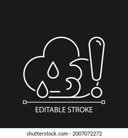 Überprüfen Sie das Wetter, bevor Sie auf dem weißen linearen Symbol für dunkles Thema surfen. Sammeln Sie Berichte über Surfspots. Dünne, anpassbare Illustration. Einziges Vektorkontursymbol für den Nachtmodus. Bearbeitbarer Hub