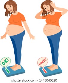 Checking weight pregnant woman. Happy and sad pregnant woman. Pregnant woman, weighed on the scales. Vector Illustration